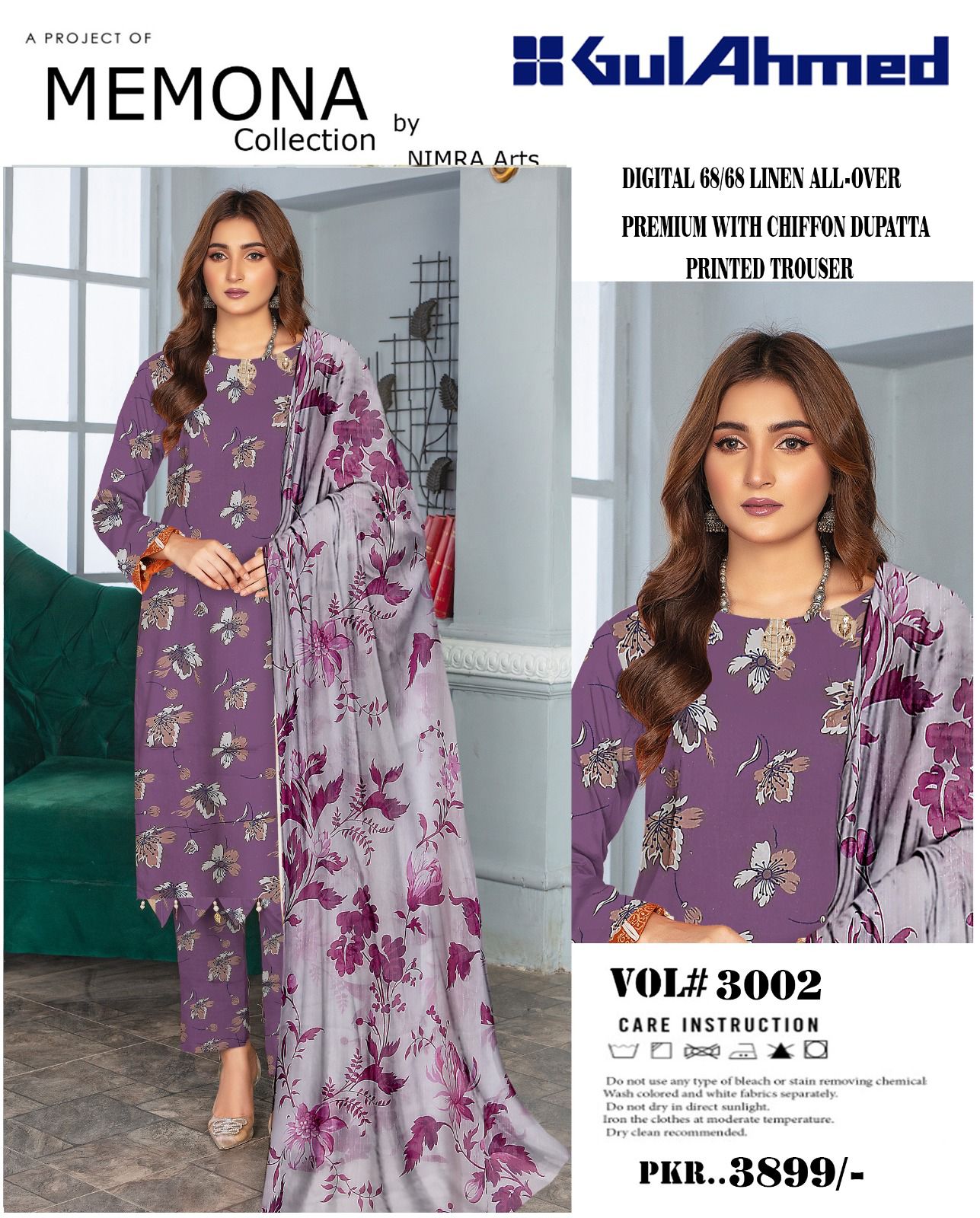 Digital 68/-68 Linen All-Over Premium Chiffon Dupatta Printed Trouser