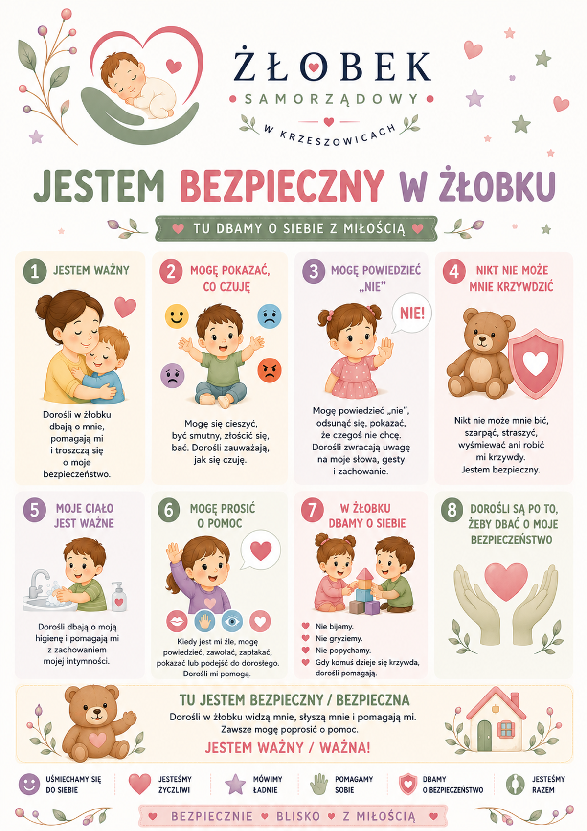Plakat: Jestem bezpieczny w żłobku — osiem standardów ochrony małoletnich w wersji dla dzieci