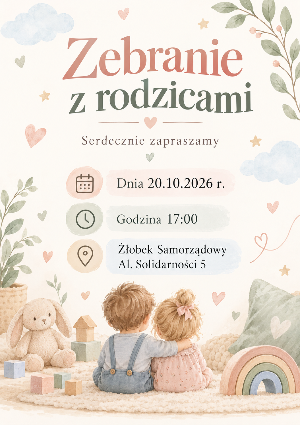 Plakat: Zebranie z rodzicami, 20.10.2026 r., godz. 17:00, Żłobek Samorządowy, Al. Solidarności 5