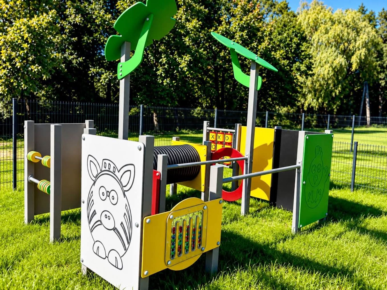 Plac zabaw z bujakami biedronką i kotkiem oraz zjeżdżalnią z żyrafą
