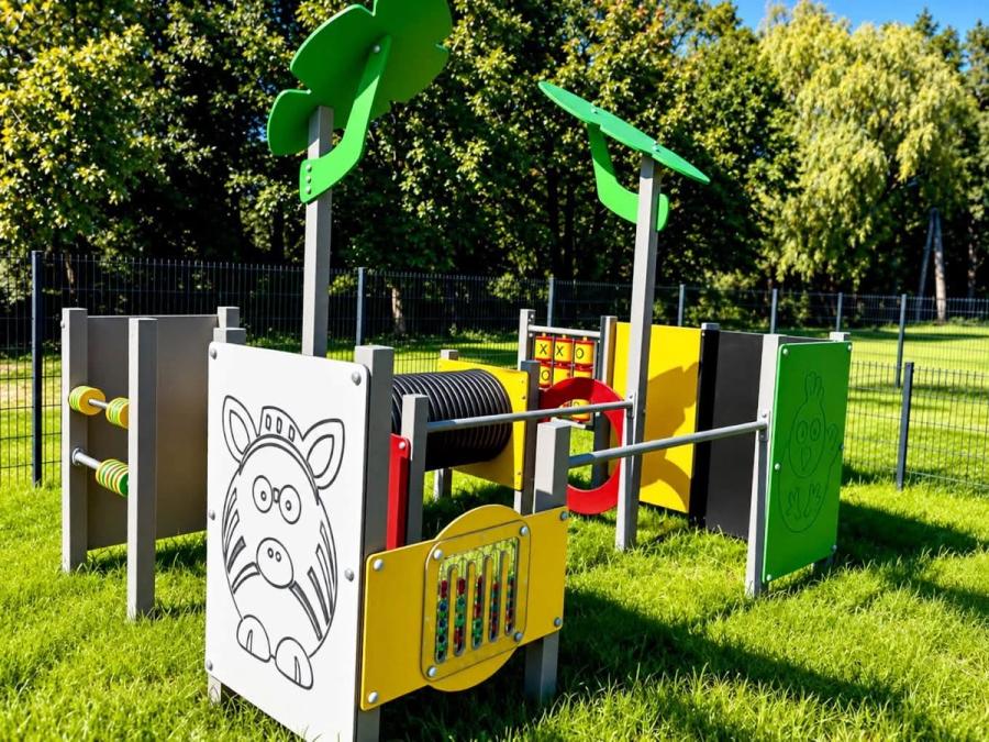 Plac zabaw z bujakami biedronką i kotkiem oraz zjeżdżalnią z żyrafą