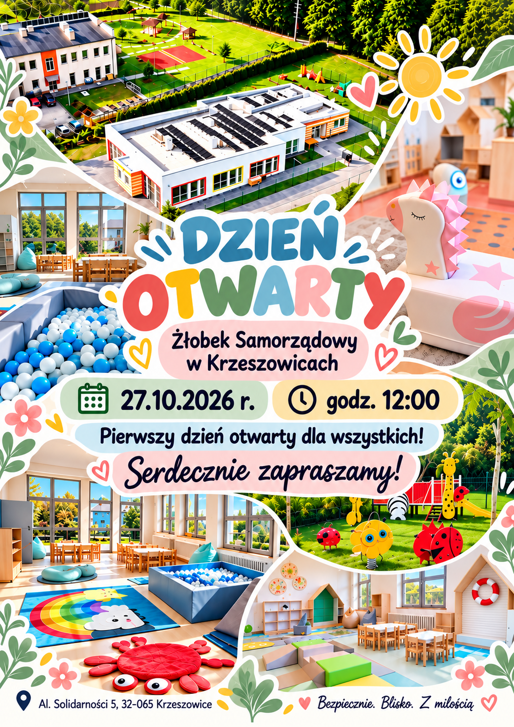 Plakat: Dzień Otwarty, Żłobek Samorządowy w Krzeszowicach, 27.10.2026 r., godz. 12:00, Al. Solidarności 5, 32-065 Krzeszowice