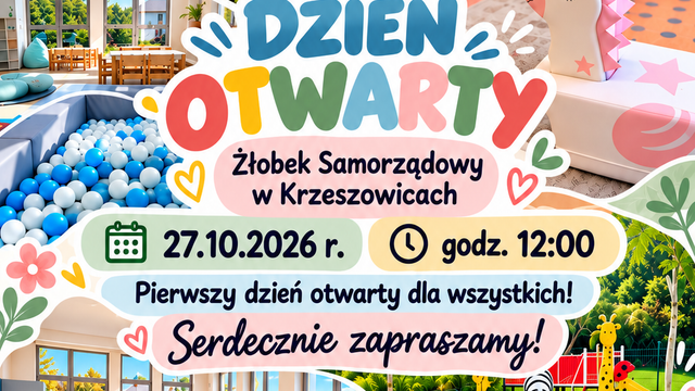 Plakat: Dzień Otwarty, Żłobek Samorządowy w Krzeszowicach, 27.10.2026 r., godz. 12:00, Al. Solidarności 5, 32-065 Krzeszowice