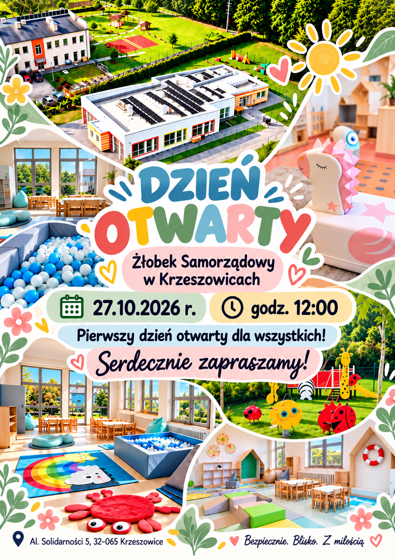 Plakat: Dzień Otwarty, Żłobek Samorządowy w Krzeszowicach, 27.10.2026 r., godz. 12:00, Al. Solidarności 5, 32-065 Krzeszowice