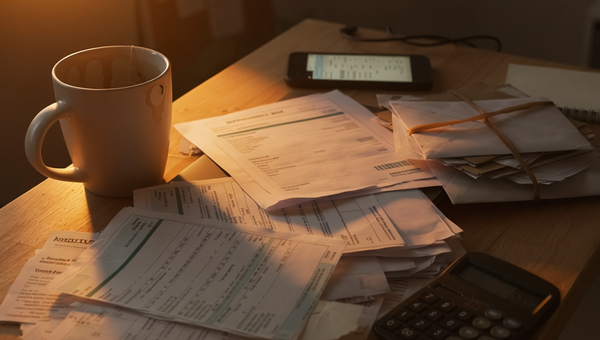Overdue medical bills stacking up on desk.