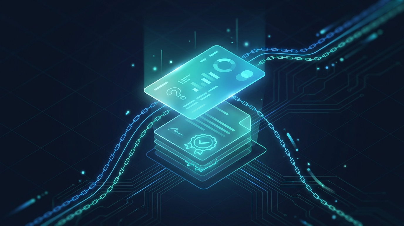 Glowing AI answer card linked by verified lines to a stack of source documents