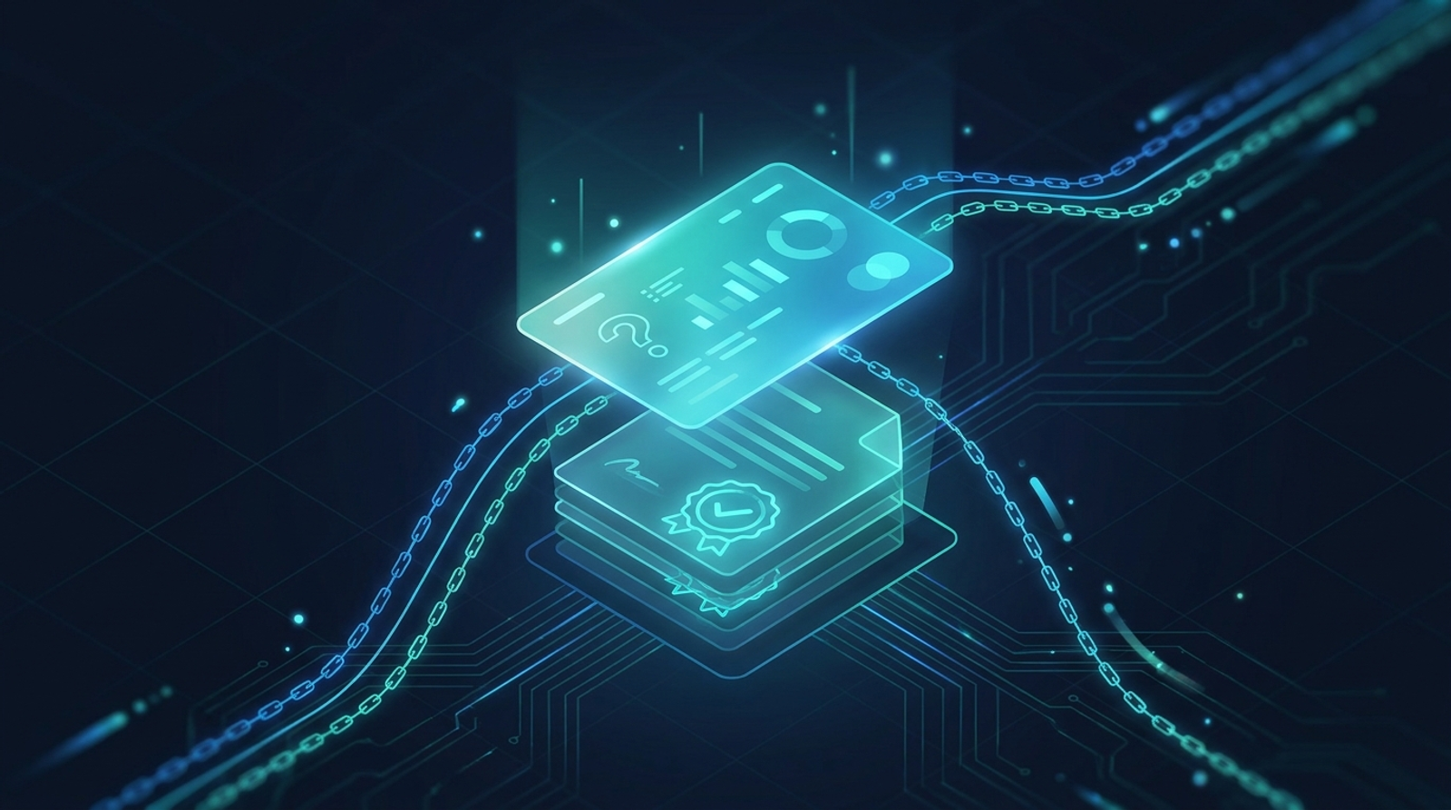 Glowing AI answer card linked by verified lines to a stack of source documents