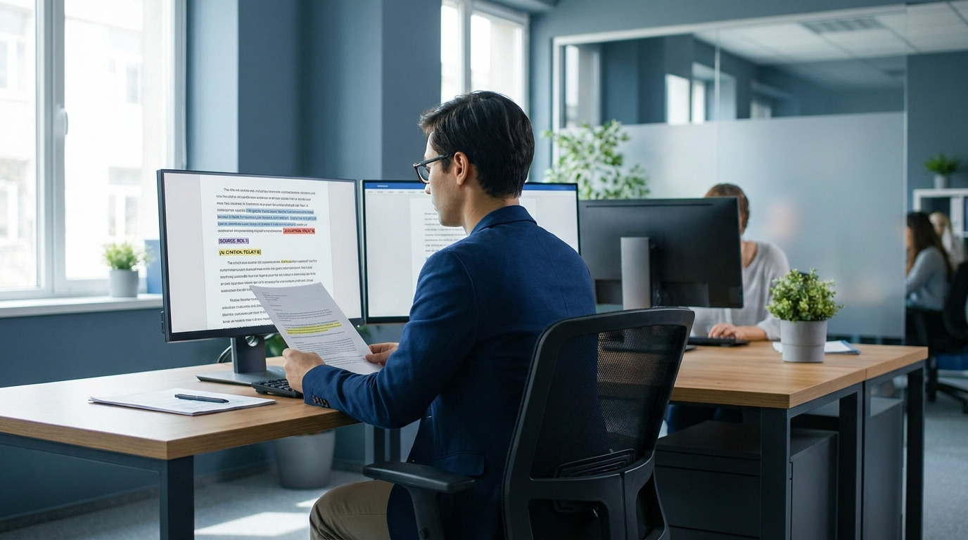 Compliance professional reviewing an AI answer with visible citations on dual monitors