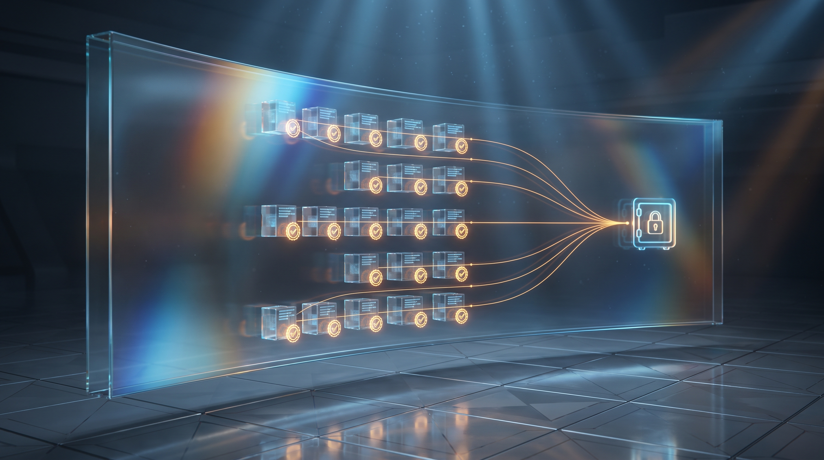 Glass control panel showing validated financial models linked by traceable lines to a locked source vault
