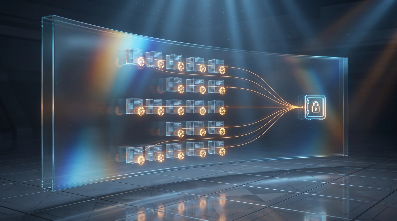 Glass control panel showing validated financial models linked by traceable lines to a locked source vault