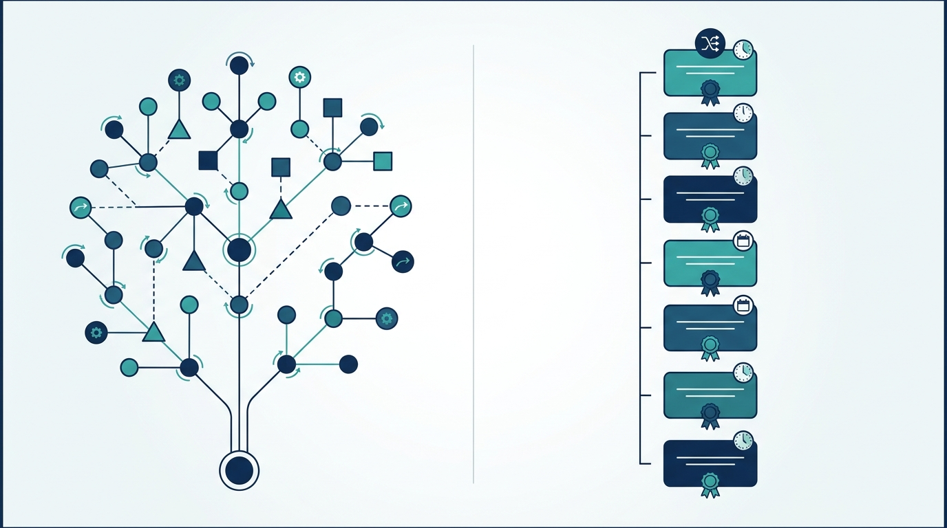 Diagram contrasting a branching data lineage tree with a stacked timestamped data provenance record