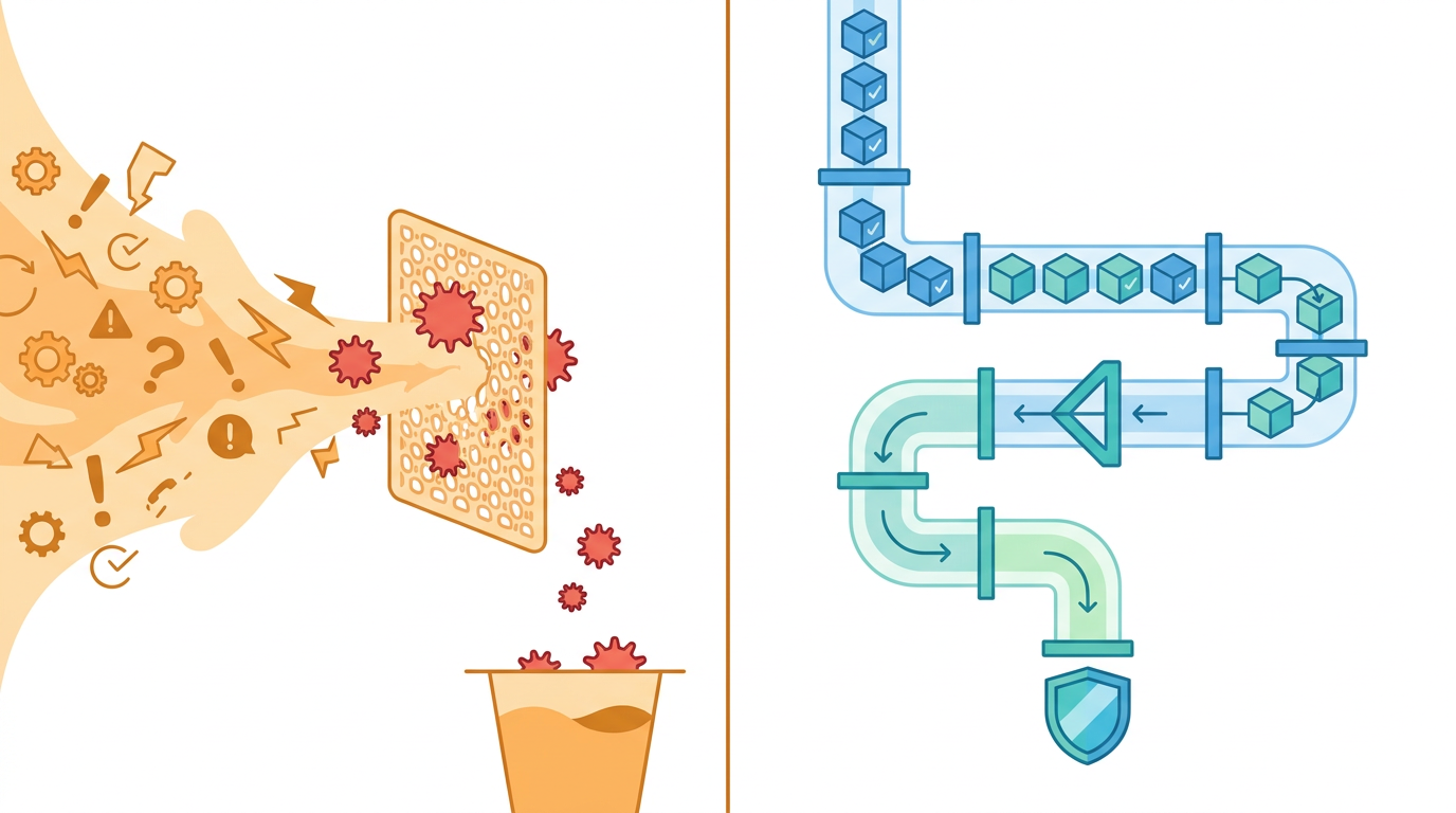 Reactive output filter versus governance-by-architecture pipeline for AI guardrails