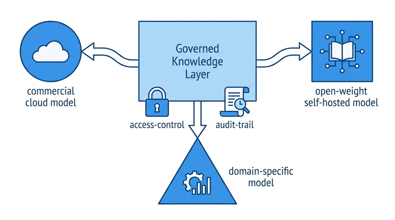 Diagram of a knowledge layer routing requests to commercial, open-weight, and domain-specific AI models