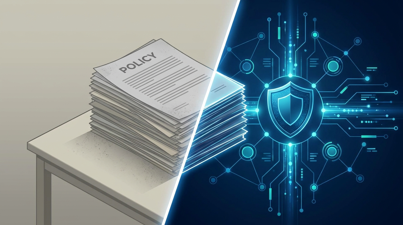 Split illustration contrasting static policy documents with a live enforced AI data pipeline