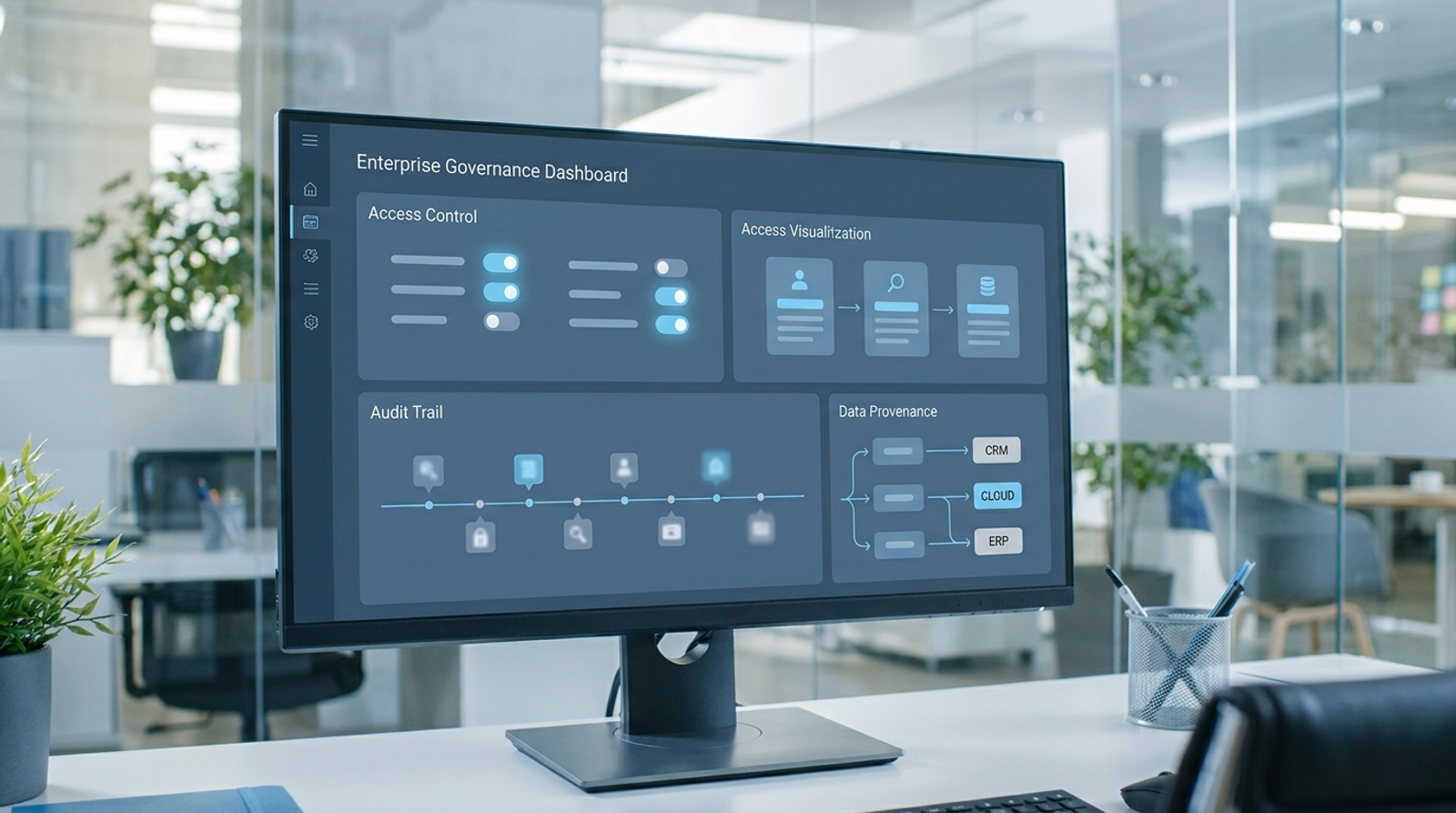 Enterprise governance dashboard showing access controls, an audit trail, and data provenance indicators