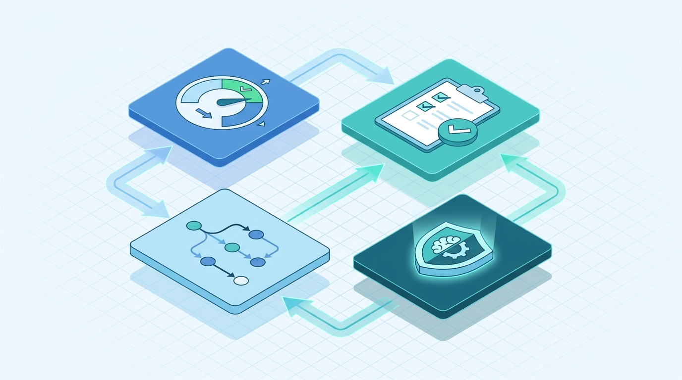 Isometric diagram comparing categories of AI governance tools and a governed knowledge layer