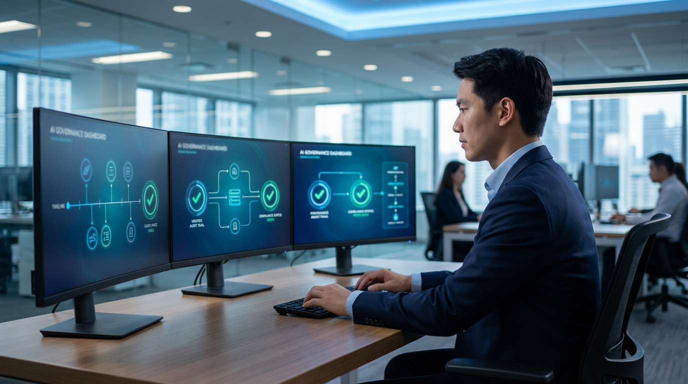 Analyst reviewing AI governance dashboards showing verified audit trails and compliance checkmarks