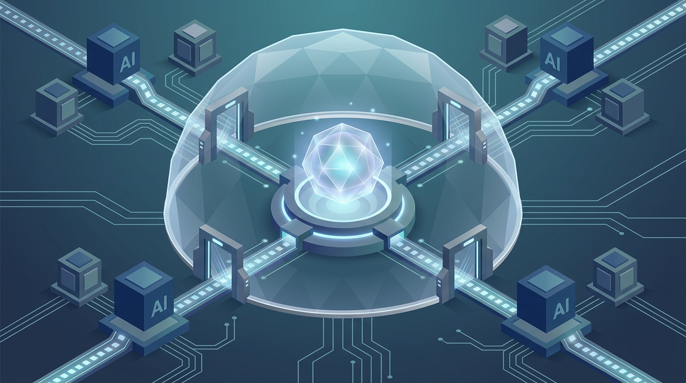 Isometric diagram of a sovereign AI knowledge core protected by a controlled security boundary
