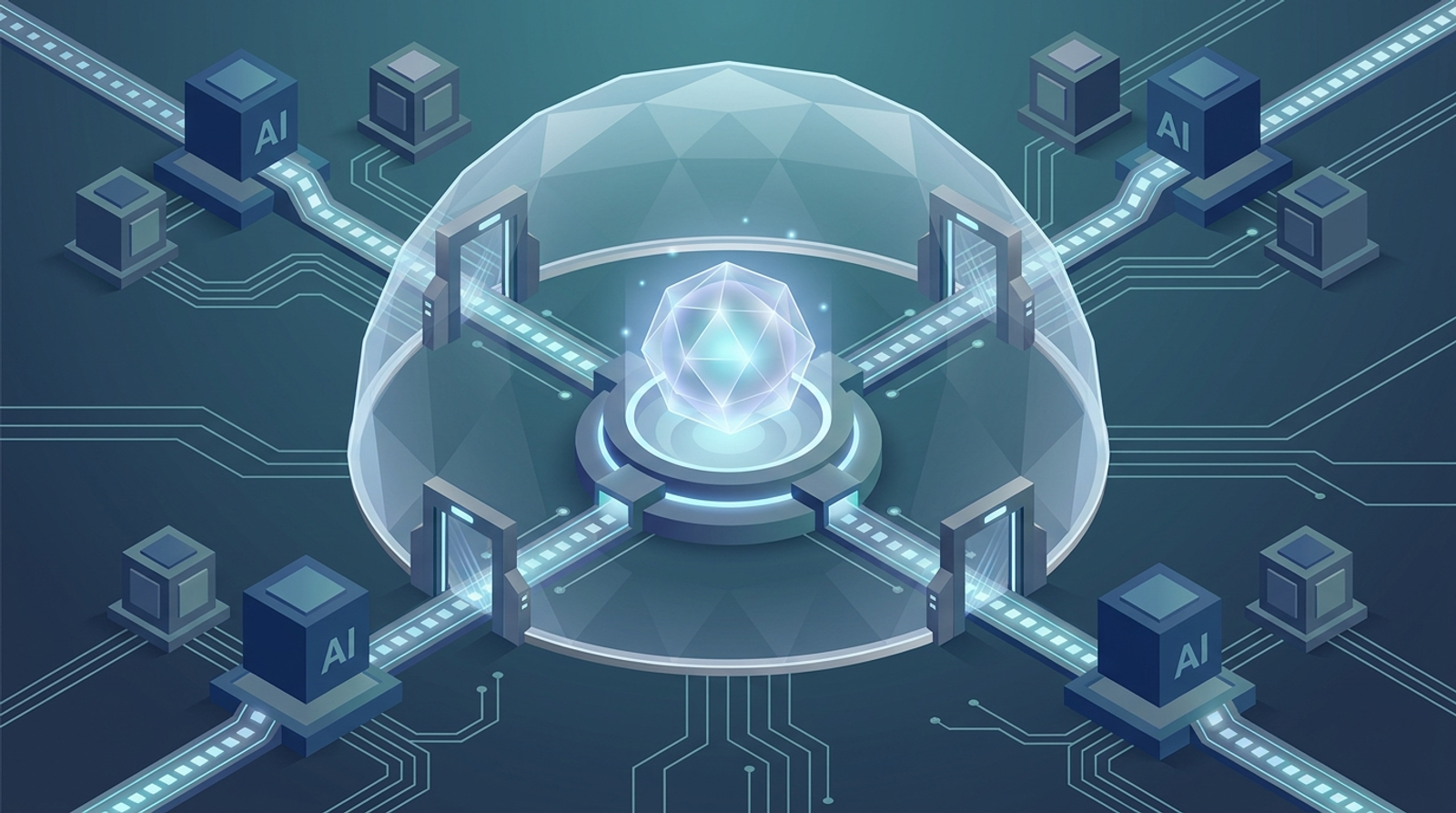 Isometric diagram of a sovereign AI knowledge core protected by a controlled security boundary