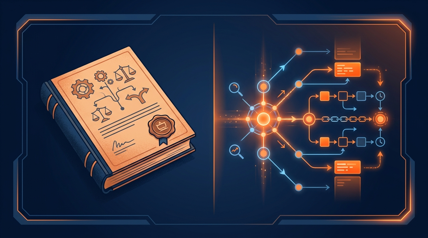 Split scene contrasting a printed AI policy document with a live data lineage and audit-trail dashboard