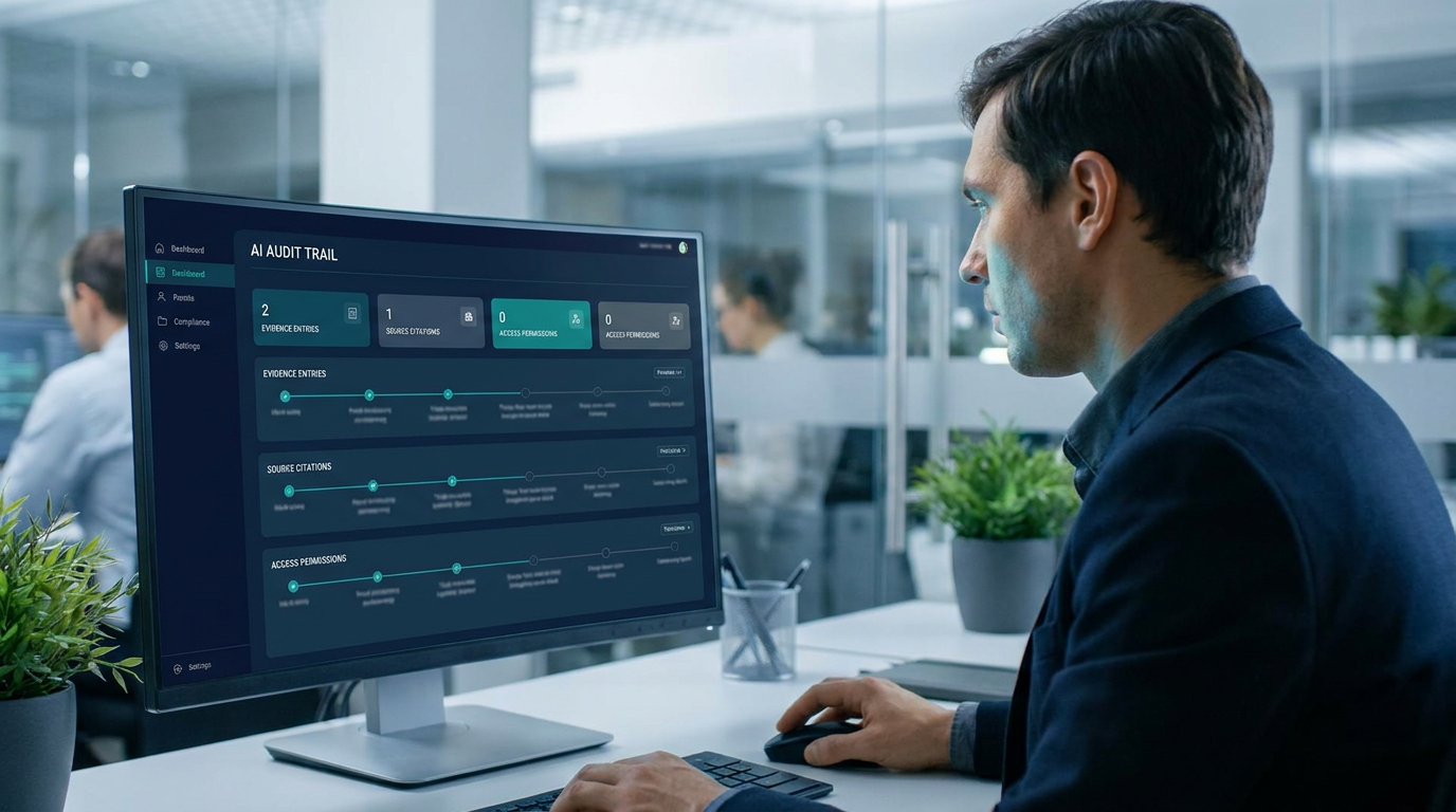 Compliance analyst reviewing a per-answer AI audit trail dashboard on a monitor in an office