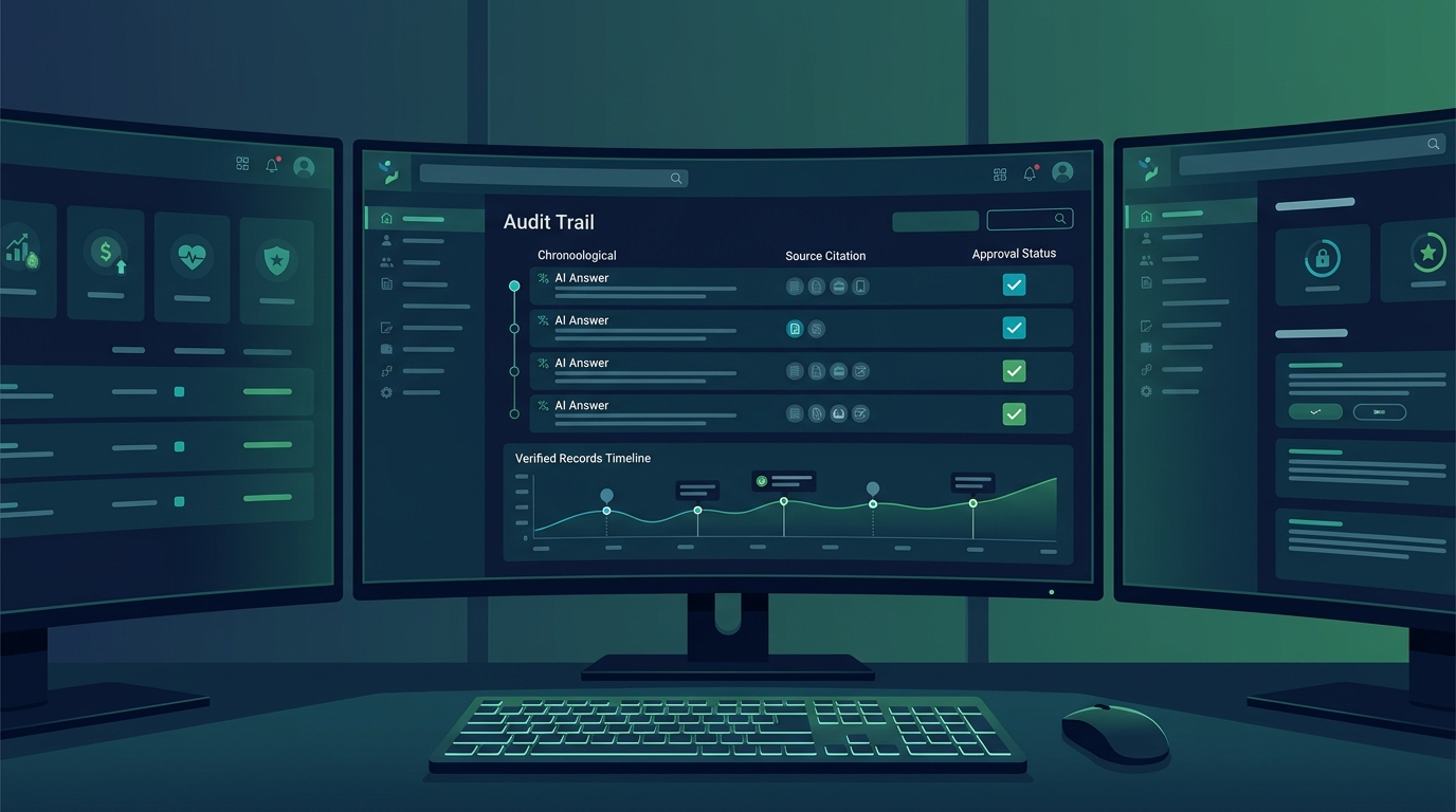 Compliance dashboard showing an AI audit trail linking answers to approved sources