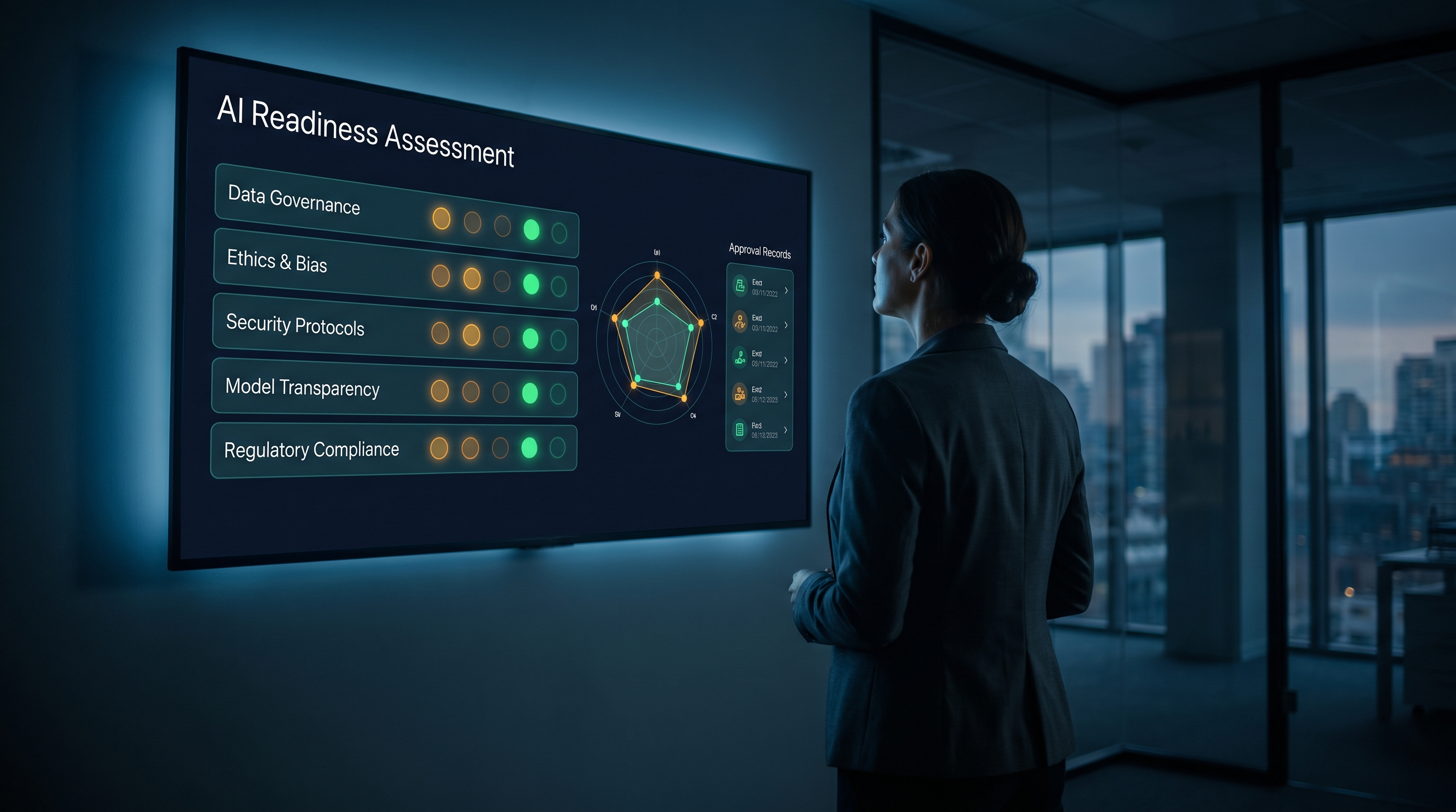 Compliance analyst reviewing an AI readiness assessment scorecard on a large wall display