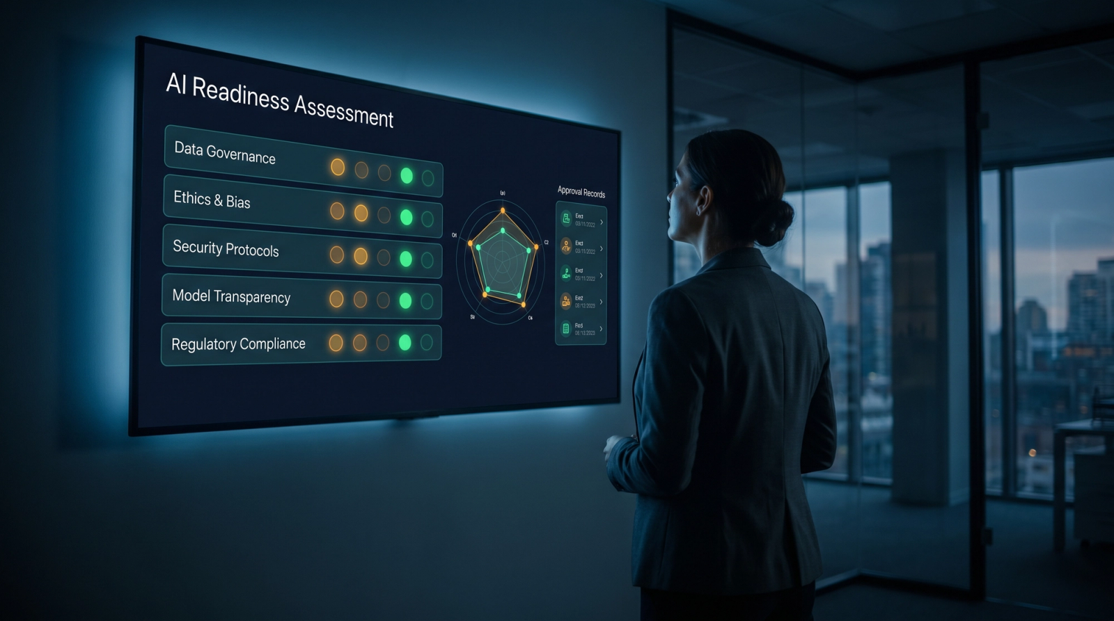 Compliance analyst reviewing an AI readiness assessment scorecard on a large wall display
