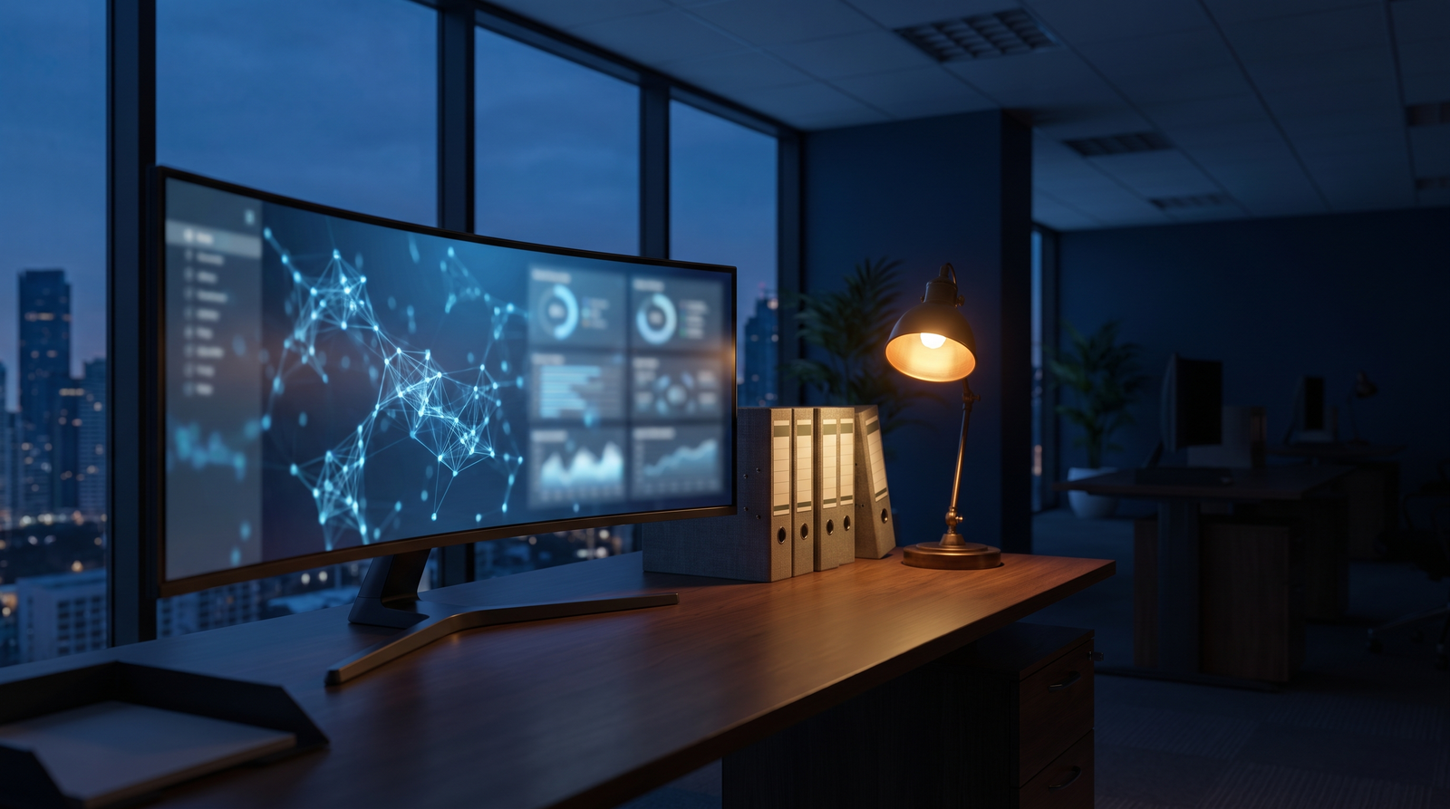 Compliance review workspace with a monitor showing linked network node graphs beside archival binders