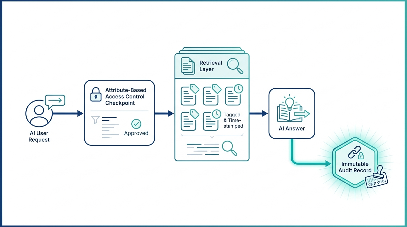 Diagram of an AI query passing through ABAC and generating an immutable per-answer audit record