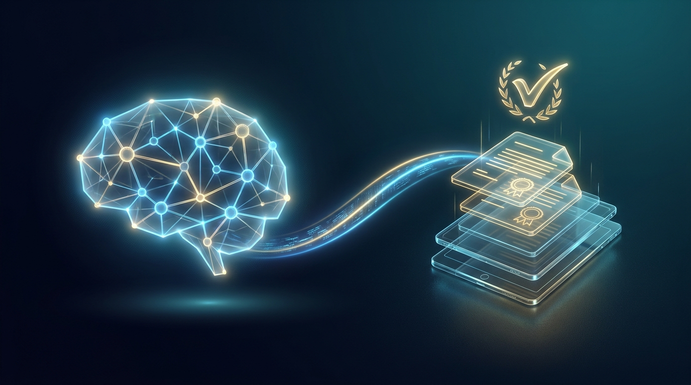 Glowing AI network linked by a traceable line to verified records and a checkmark seal