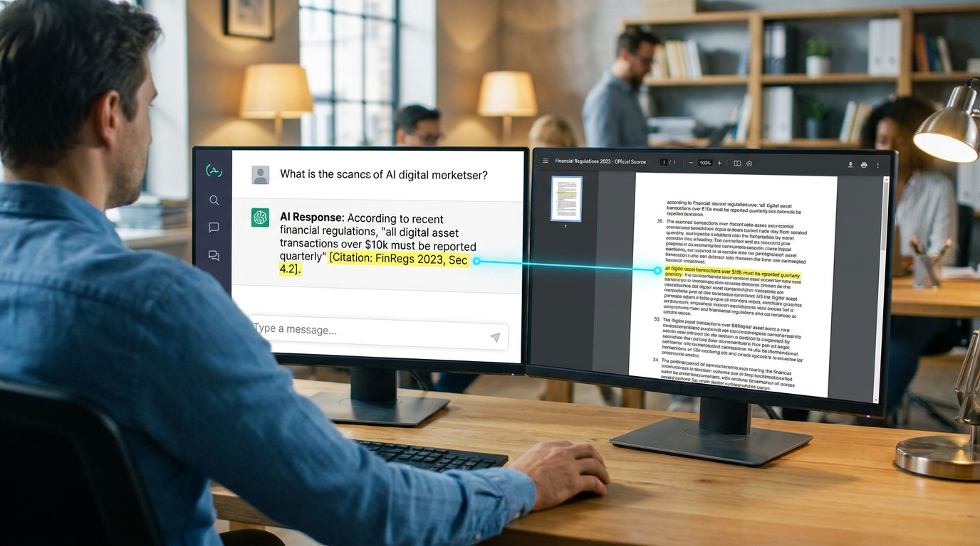 Auditor tracing an AI-generated answer back to its approved source document on screen
