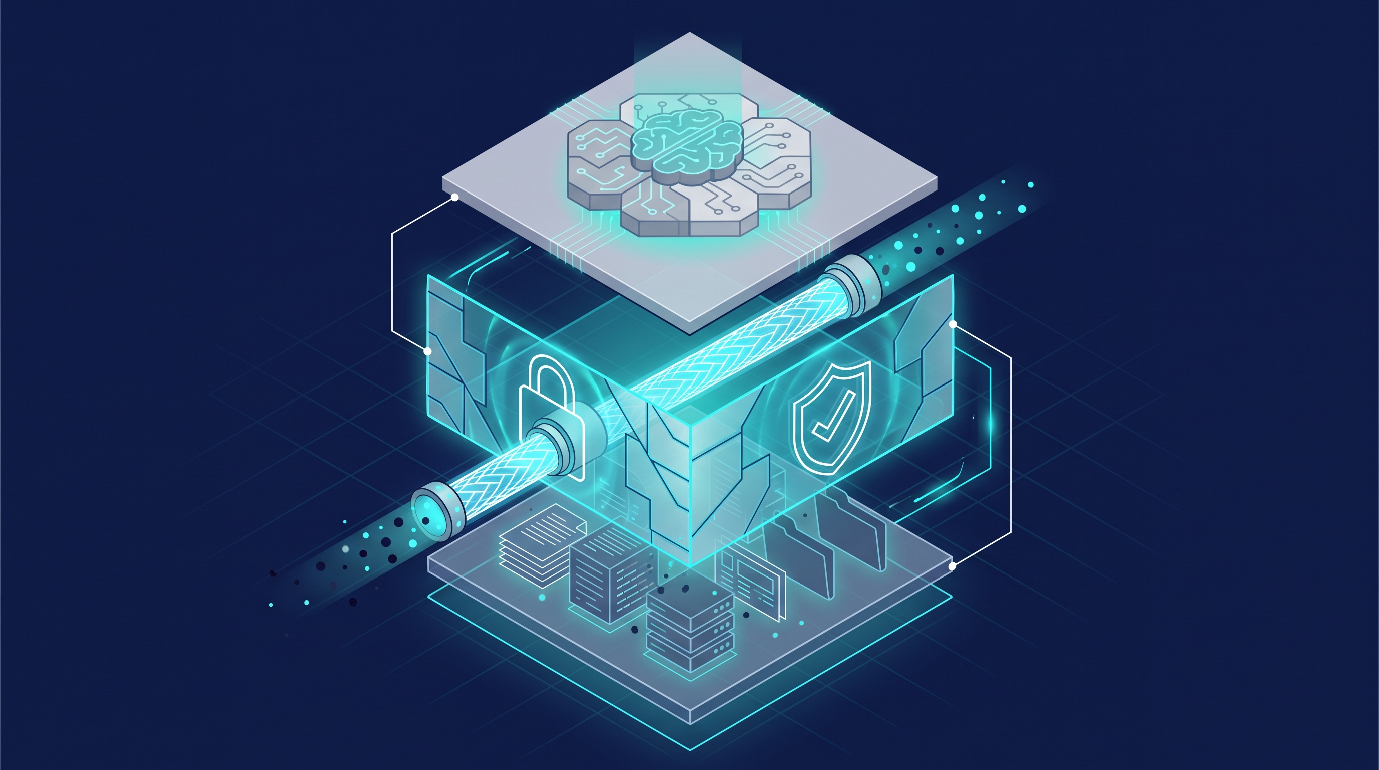 Layered architecture diagram showing a governance layer filtering content between document stores and an AI model
