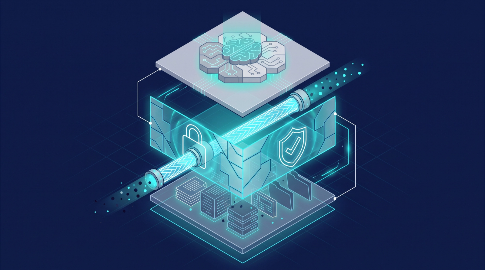Layered architecture diagram showing a governance layer filtering content between document stores and an AI model