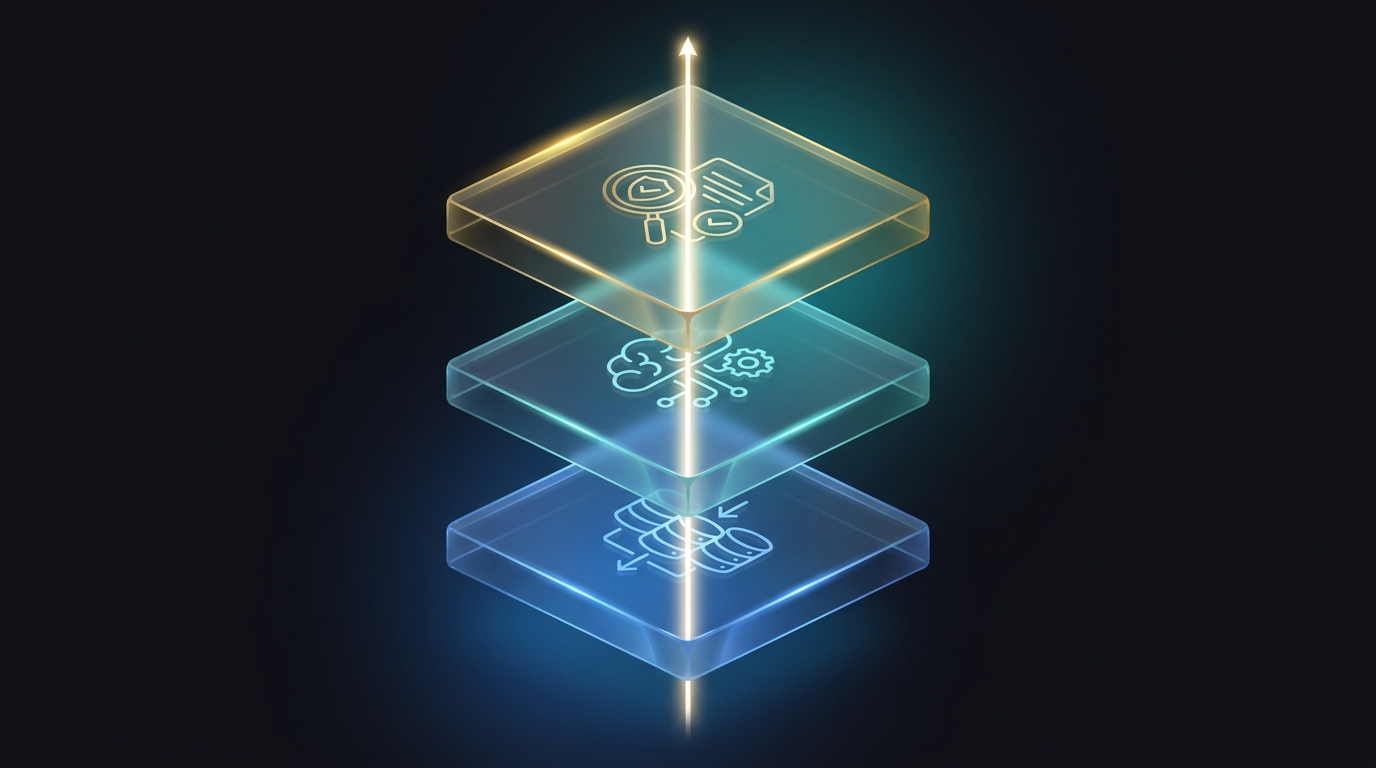 Three transparent stacked layers with one light beam passing through to show end to end traceability