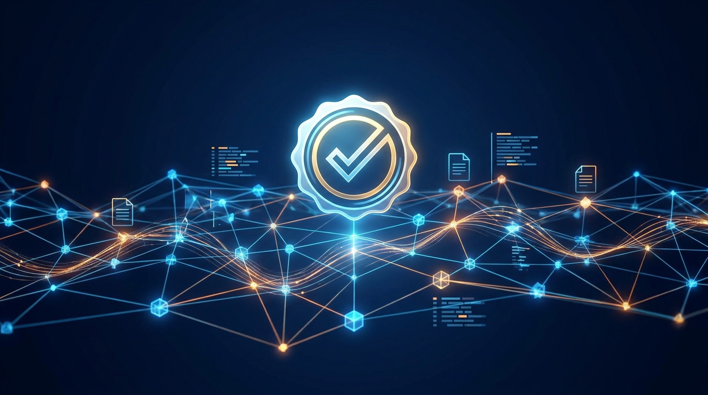 Glowing verification seal over a network of linked document nodes on a deep navy background