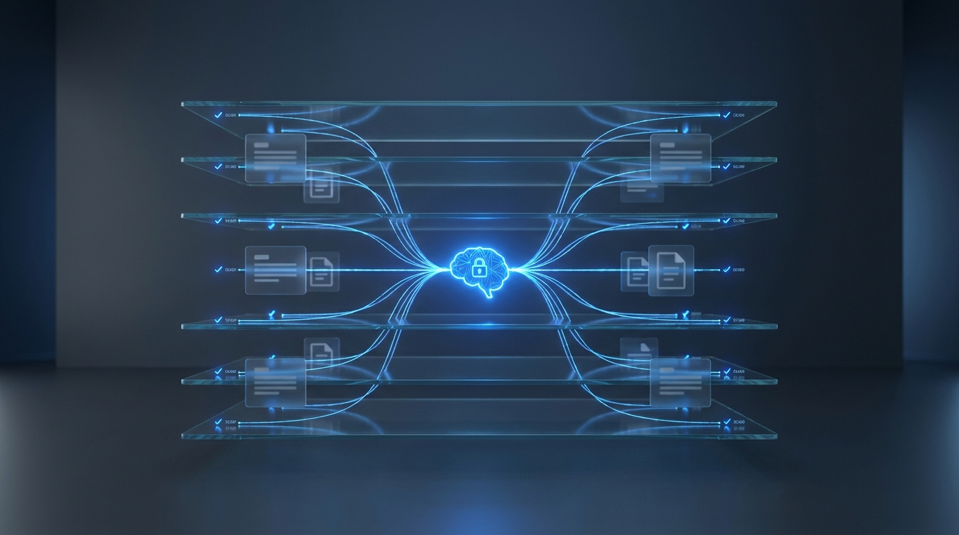 Layered governed AI knowledge stack linking cited, timestamped sources to one verified answer