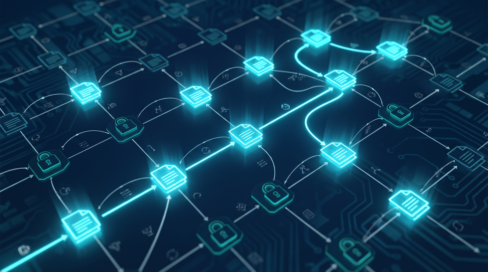 Access control lattice showing a query routed only through permitted document nodes while restricted nodes stay locked