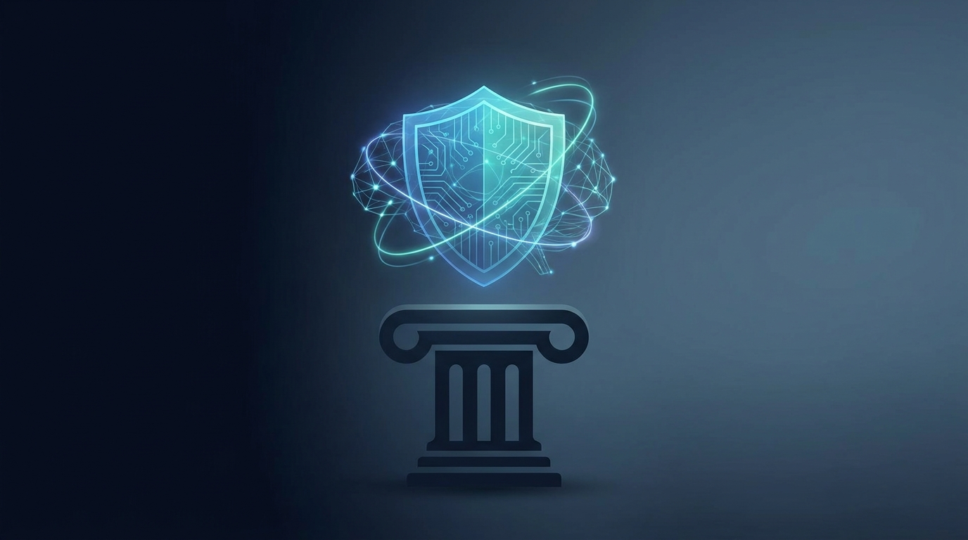 Glowing shield and circuit motif above institutional pillars representing AI risk management