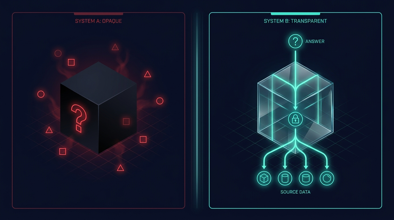 Diagram contrasting an opaque black box AI with a transparent AI showing a traceable path to its sources