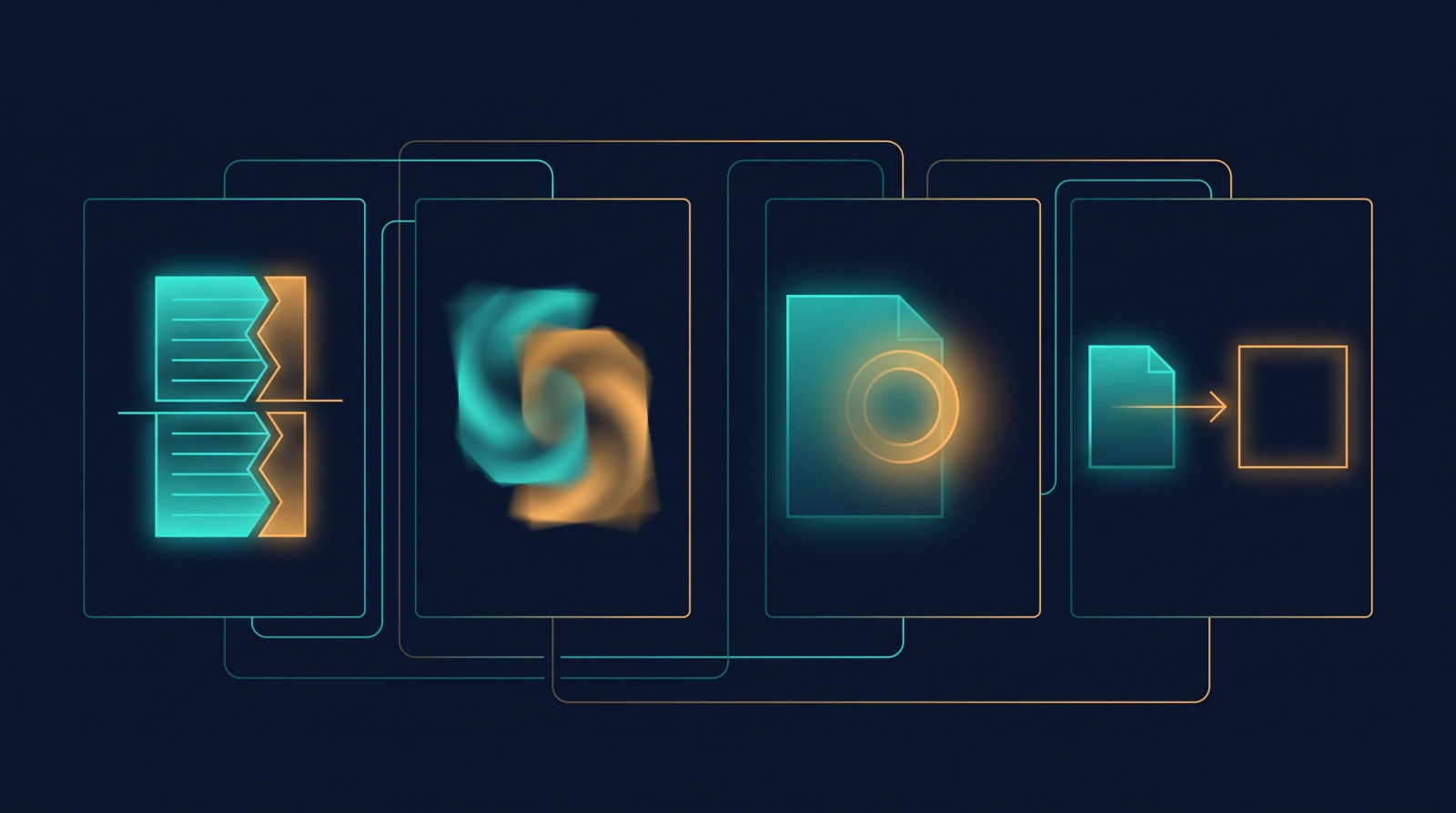 Four abstract panels showing RAG failure modes: truncation, blending, staleness, and unsupported citation