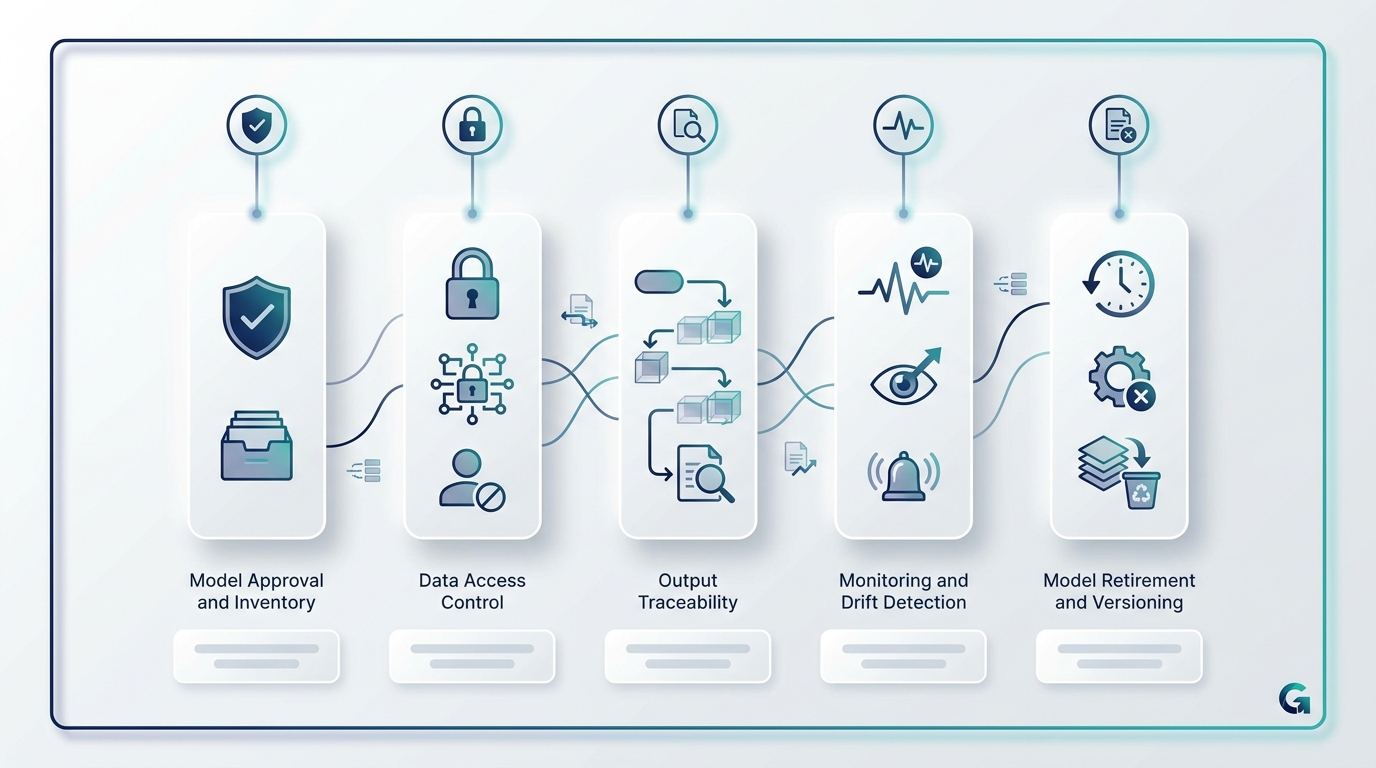 Diagram of the five pillars of AI model governance