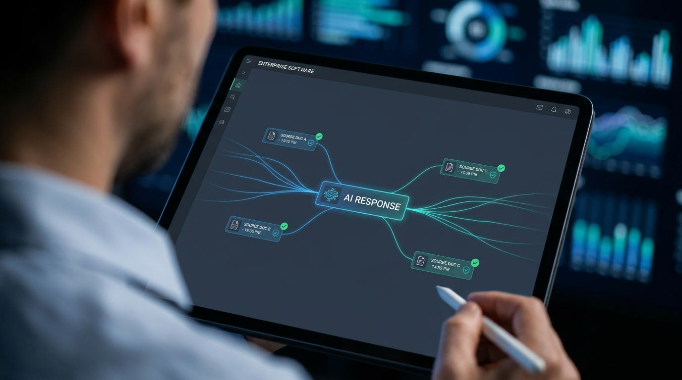 Auditor reviewing an AI answer linked to its approved source documents on a tablet