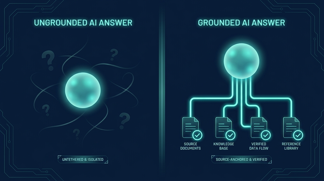 Diagram contrasting an untethered AI answer with a grounded answer linked to verified sources