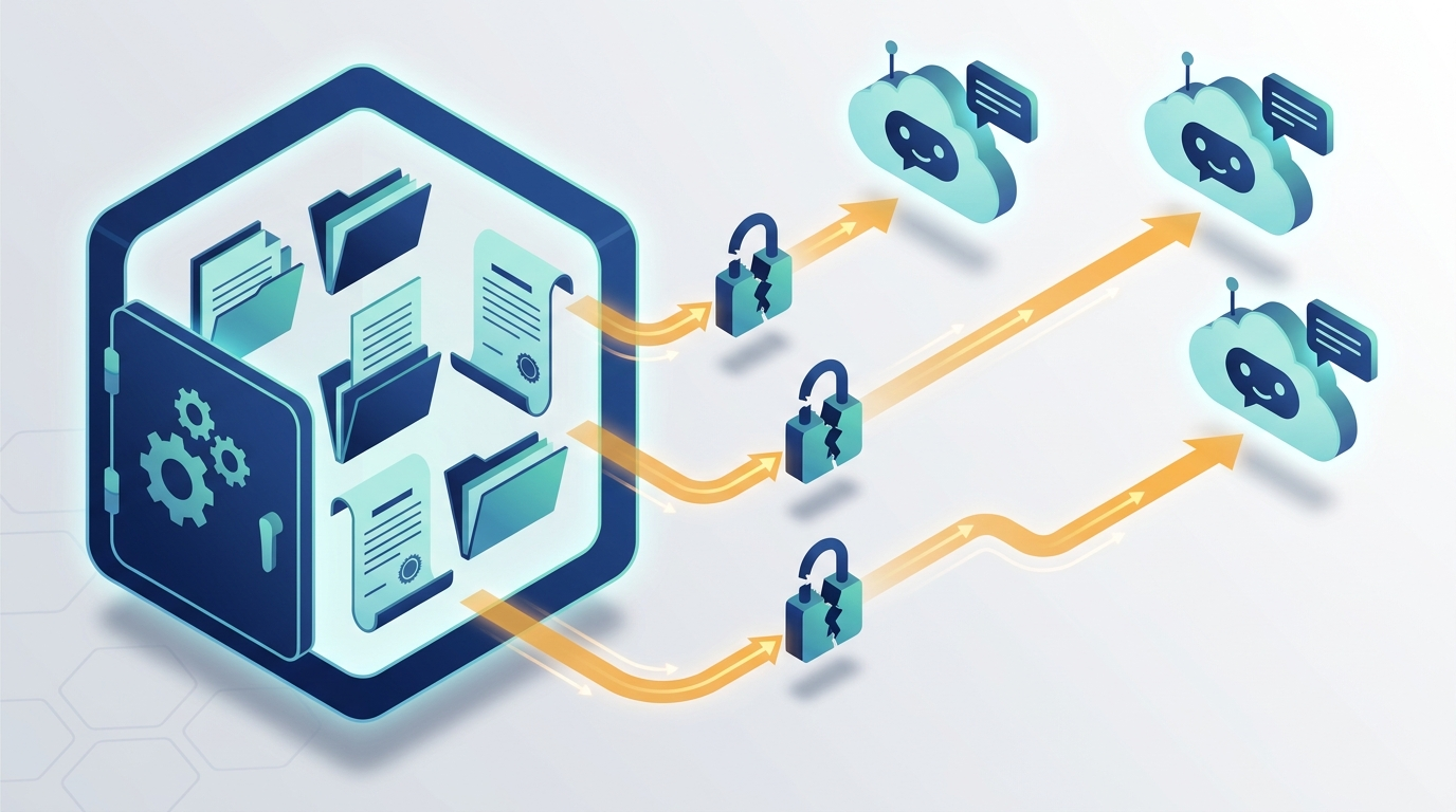 Diagram of corporate documents leaking from a secure vault to public AI chatbots