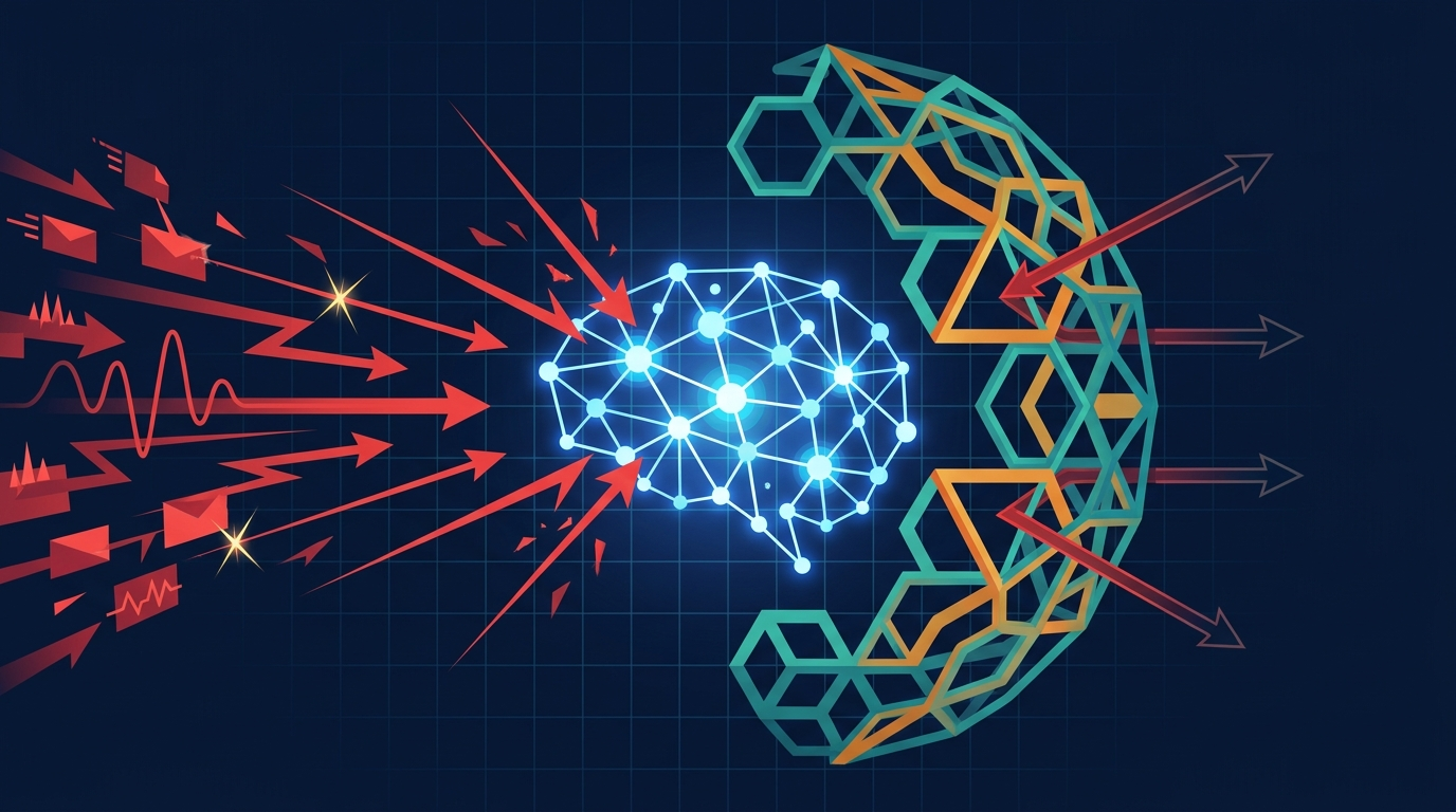 AI red teaming concept: red adversarial probes testing a governed AI model core
