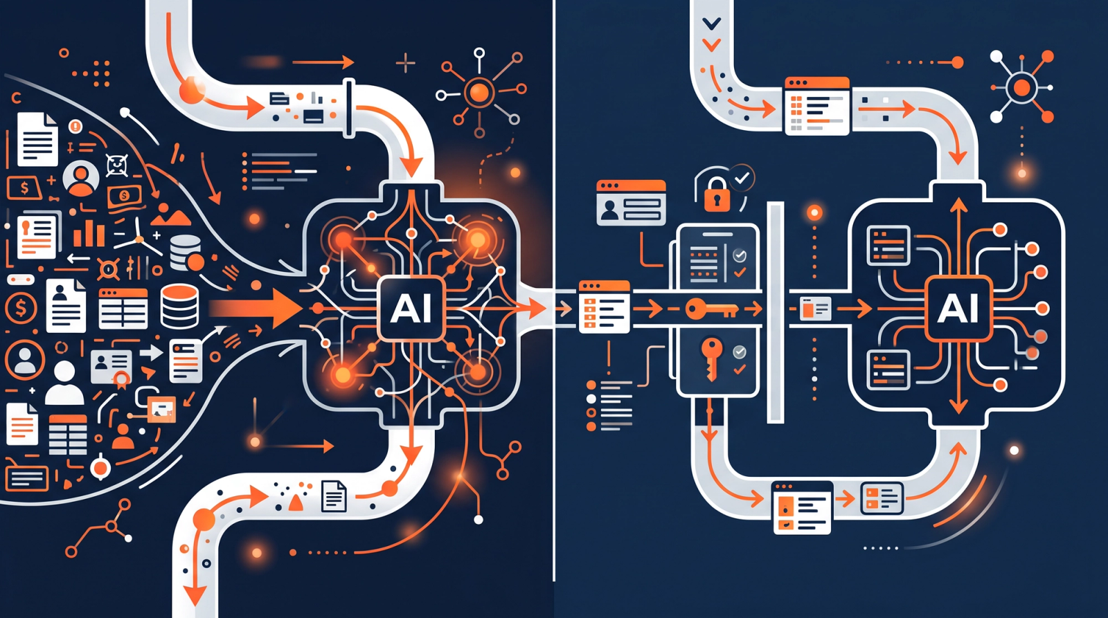 Diagram contrasting broad unrestricted data access with minimized, gated access to an AI system