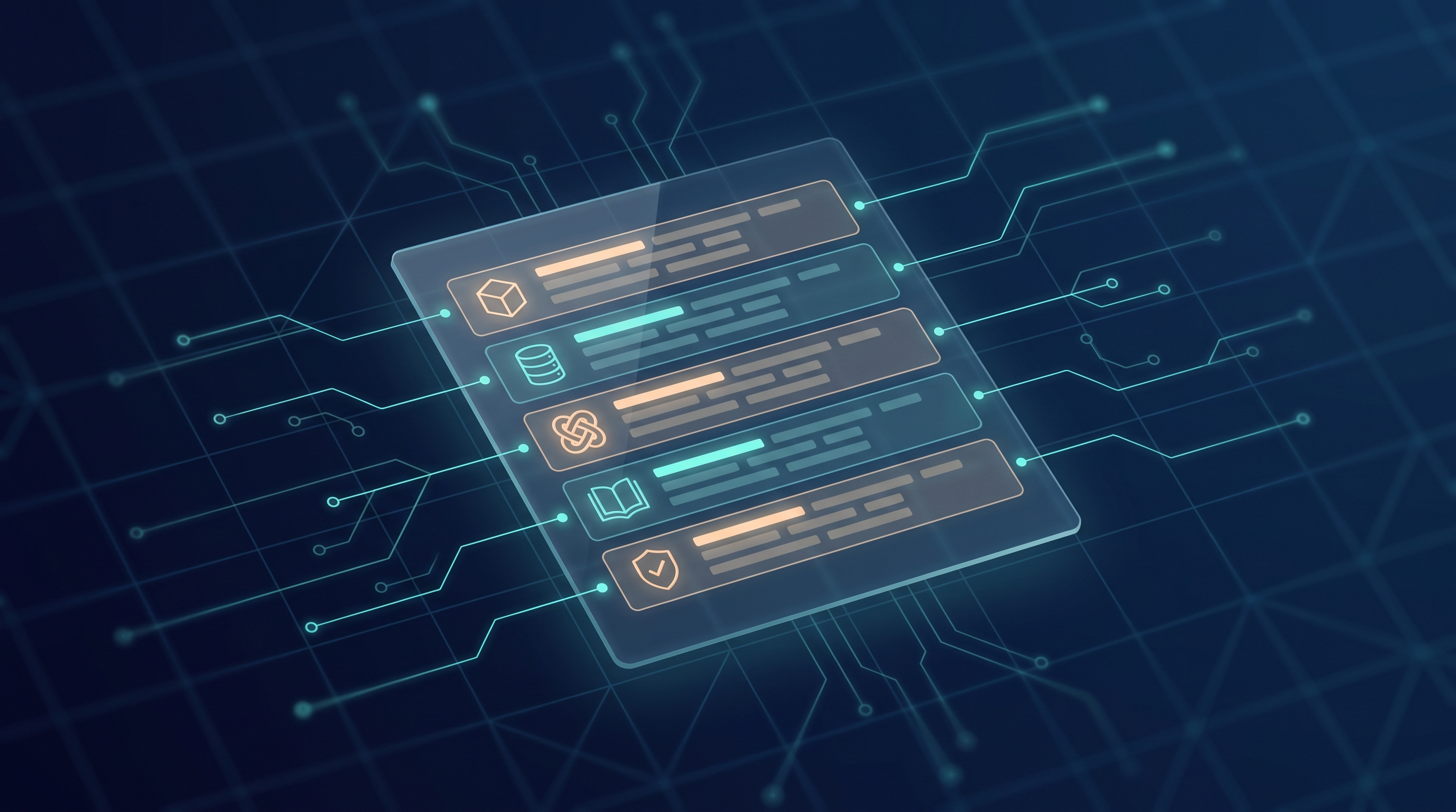 Glass manifest panel listing AI system components connected to source nodes