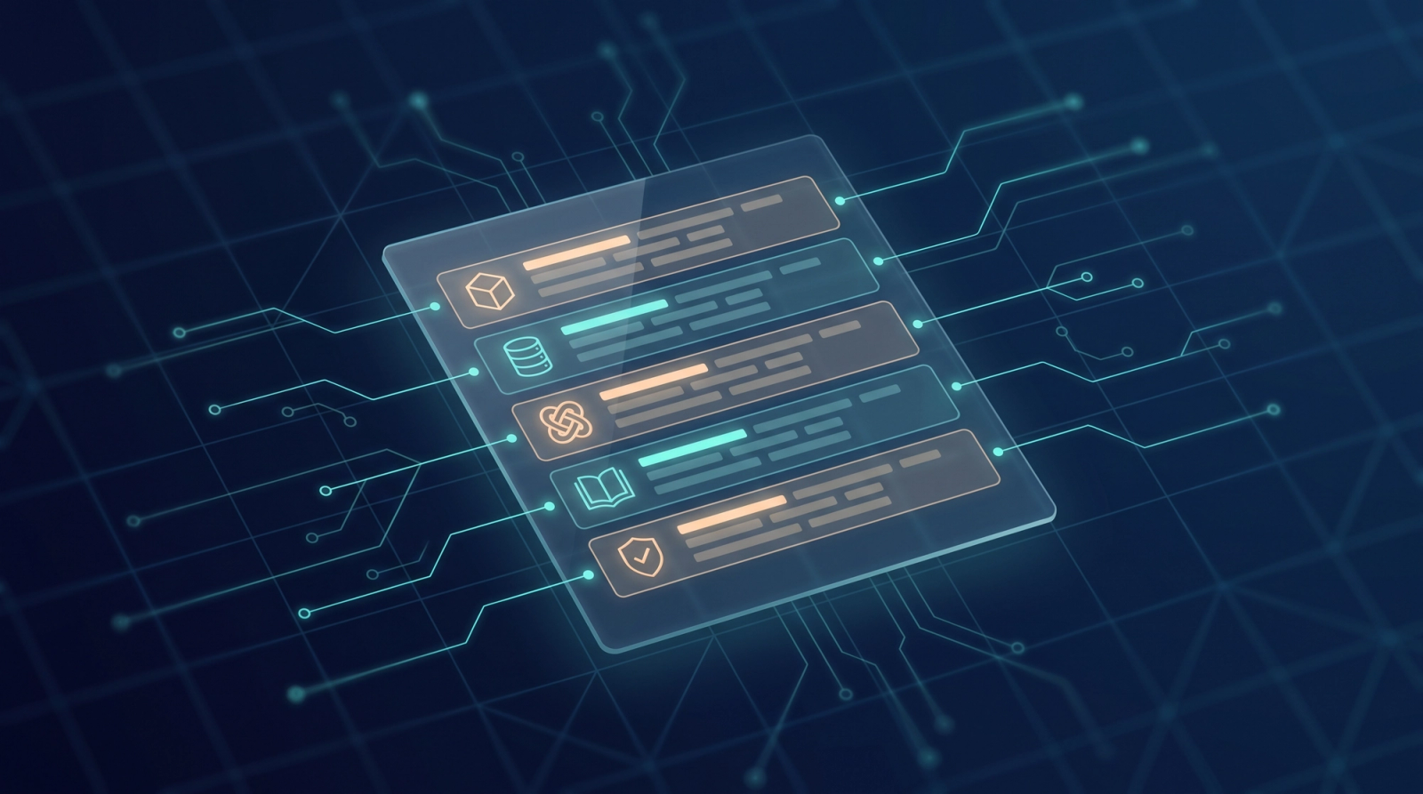 Glass manifest panel listing AI system components connected to source nodes