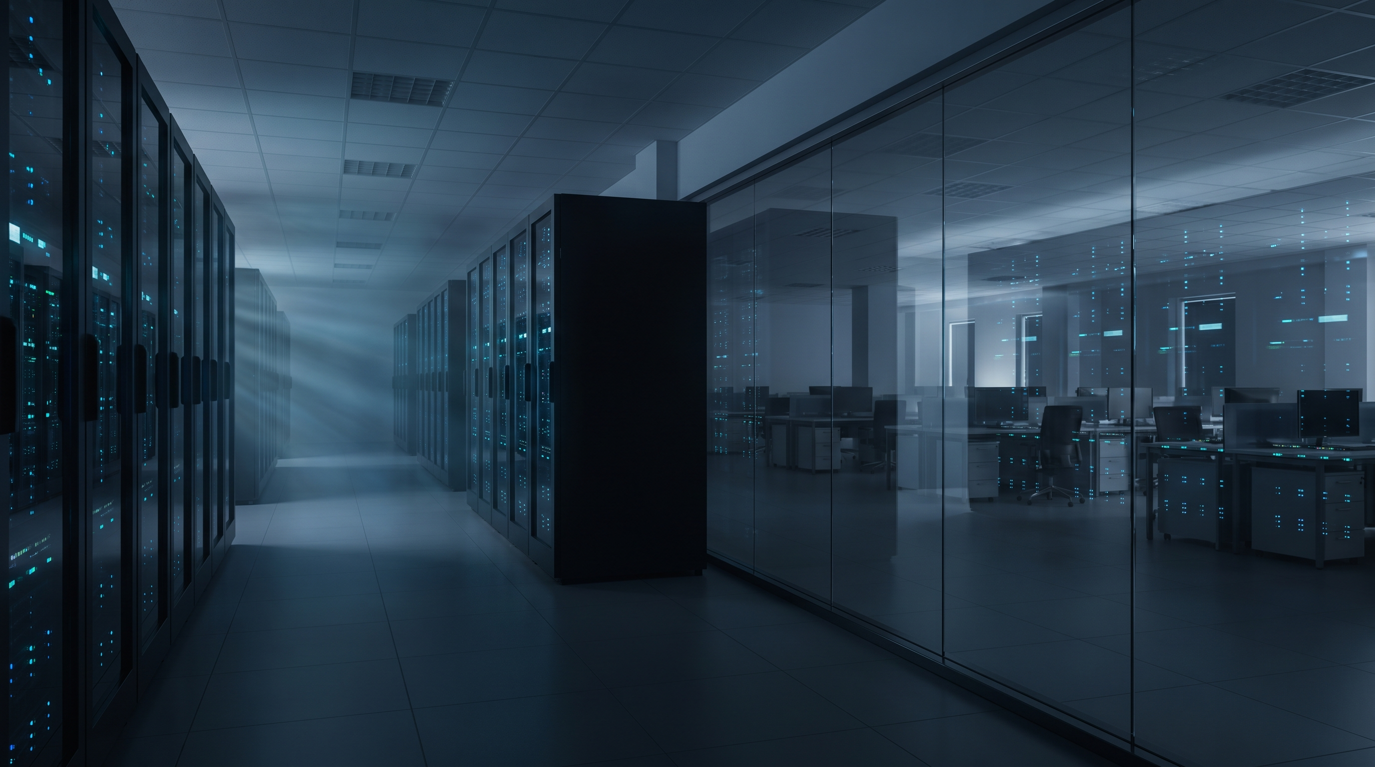 Rows of dark server racks in a private enterprise data center behind a glass wall